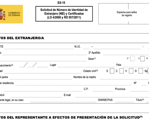 Offizielles Formular EX-15 für die Beantragung der NIE-Nummer in Spanien